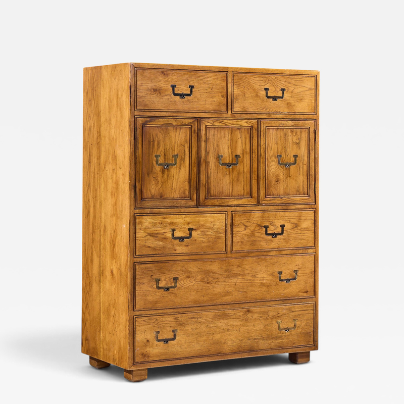  Henredon Furniture Henredon Campaign Mid Century Oak and Brass Highboy Dresser Armoire