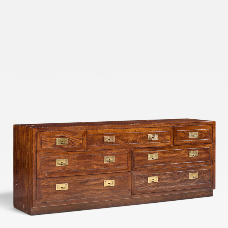  Henredon Furniture Henredon Campaign Mid Century Oak and Brass Lowboy Dresser