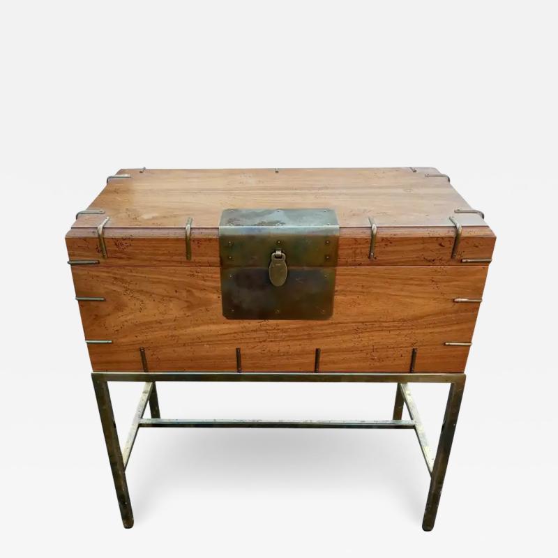  Henredon Furniture Vintage Campaign Style Walnut Trunk Table on Brass Stand Mid Century Modern