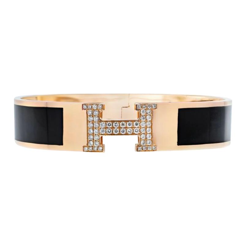  Herm s HERMES 18K YELLOW GOLD CLIC CLAC H DIAMOND BLACK ENAMEL BRACELET