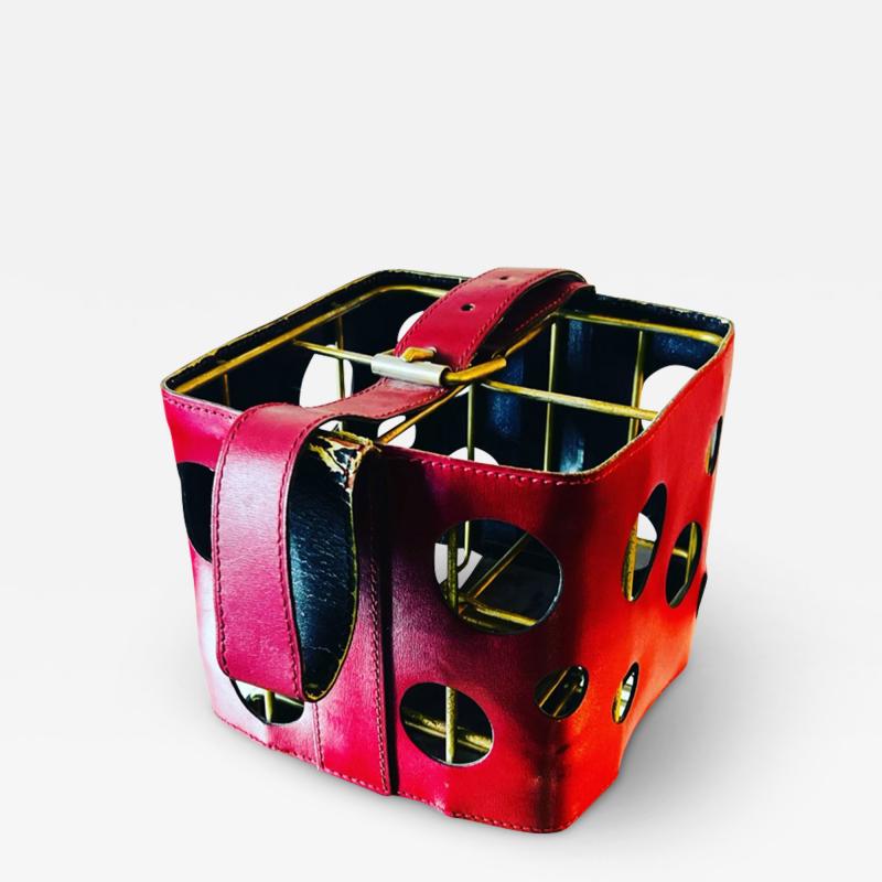  Herm s MODERNIST FRENCH RED PLEATHER AND BRASS WINE HOLDER IN THE STYLE OF HERMES