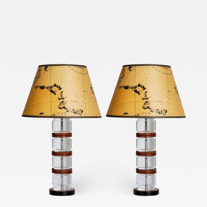  Herm s Rare Pair of Hermes Lamps in lucite and stitched leather