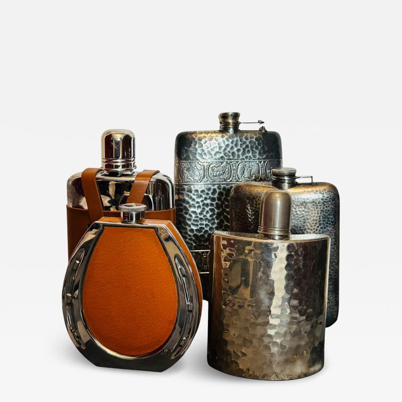 Herm s SET OF 5 SILVERPLATE LEATHER FLASKS ART DECO MID CENTURY