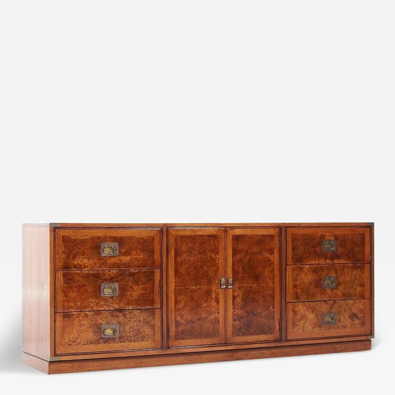  Hickory Manufacturing Co Hickory Manufacturing Company Mid Century Burlwood and Brass Lowboy Dresser