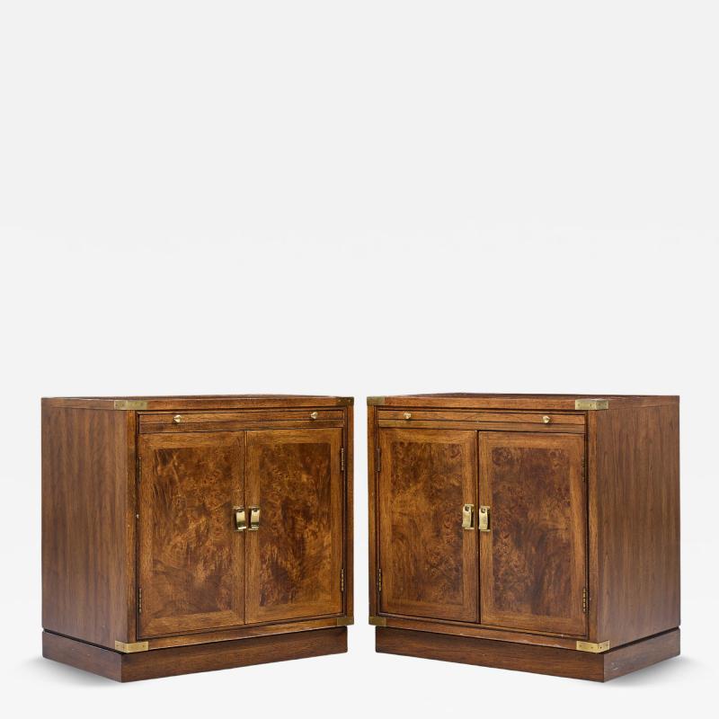  Hickory Manufacturing Co Hickory Manufacturing Mid Century Burlwood and Brass Nightstands Pair