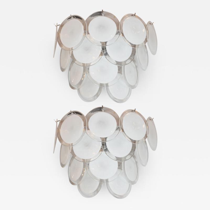  High Style Deco Pair of Modernist 14 Disc Sconces in Hand Blown Murano White Translucent Glass