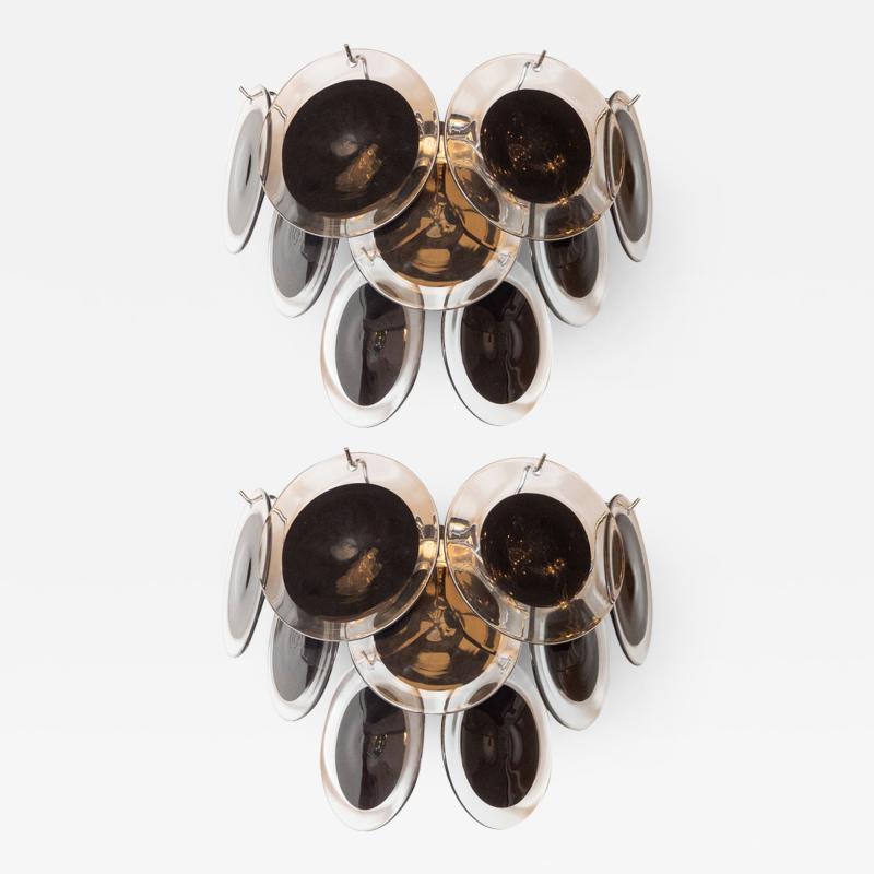  High Style Deco Pair of Modernist 9 Disc Sconces in Handblown Murano Black Translucent Glass