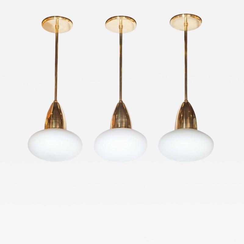  High Style Deco Set of Three Custom Modernist Brass Frosted Glass Pendants by High Style Deco