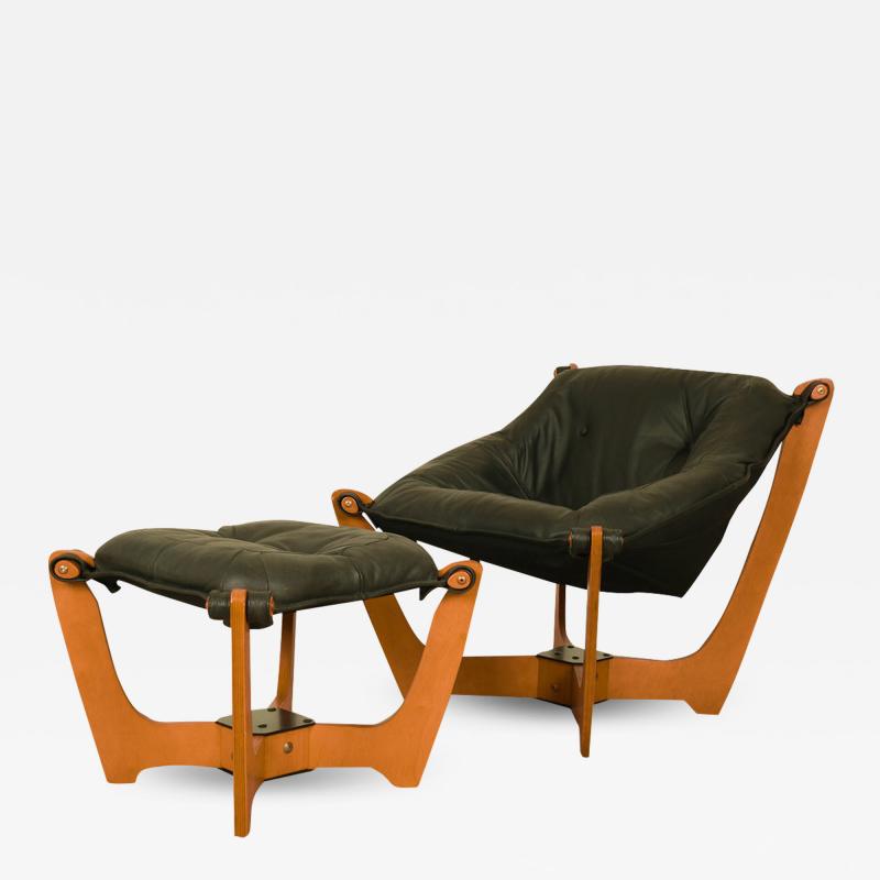  Hjellegjerde Mid Century Leather Luna Sling Lounge Chair Ottoman by Hjellegjerde Norway