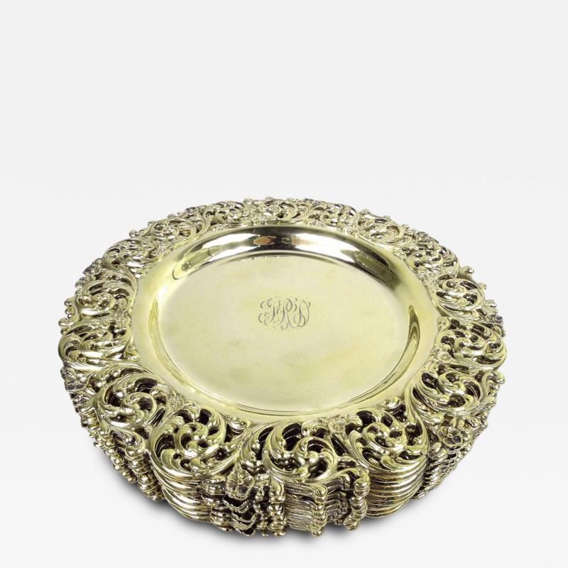  Howard Co Set of 10 Super Fancy American Gilt Sterling Silver Dessert Plates