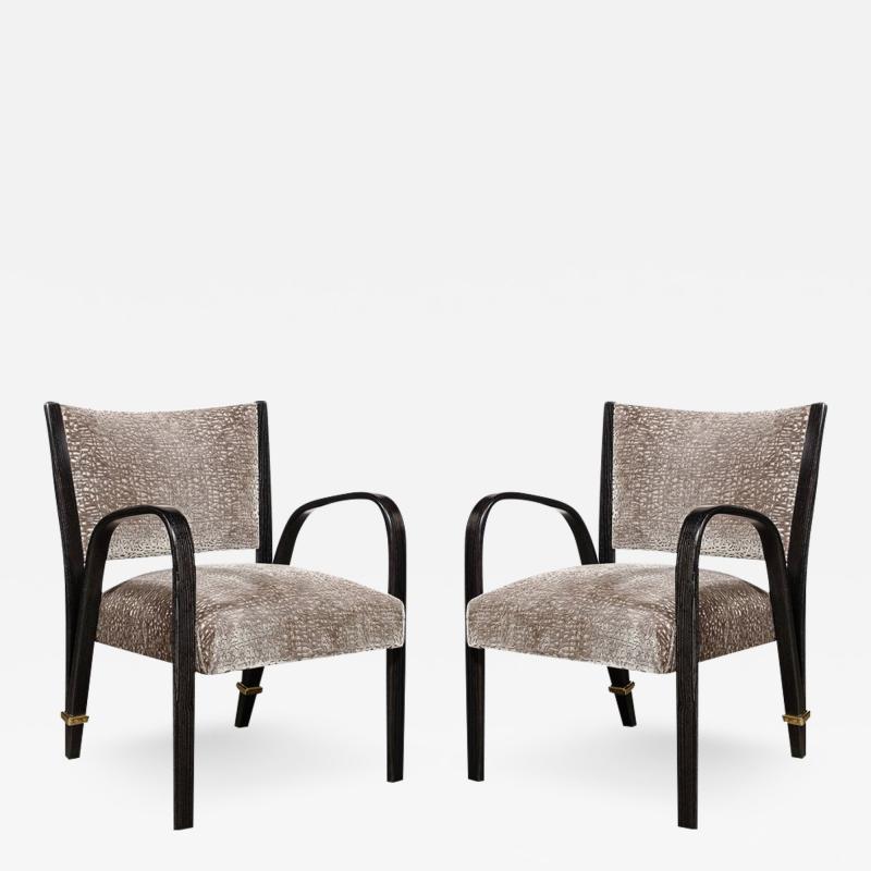  Hughes Steiner Mid Century Ebonized Walnut Brass Holly Hunt Velvet Chairs by Hughes Steiner