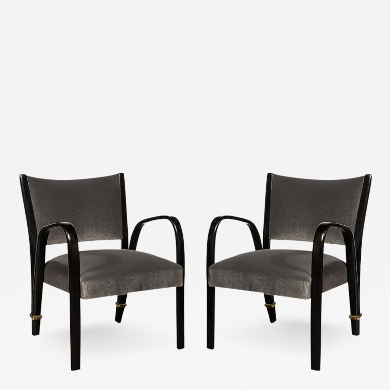  Hughes Steiner Mid Century Modern Ebonized Walnut Brass Spring Back Chairs by Hughes Steiner