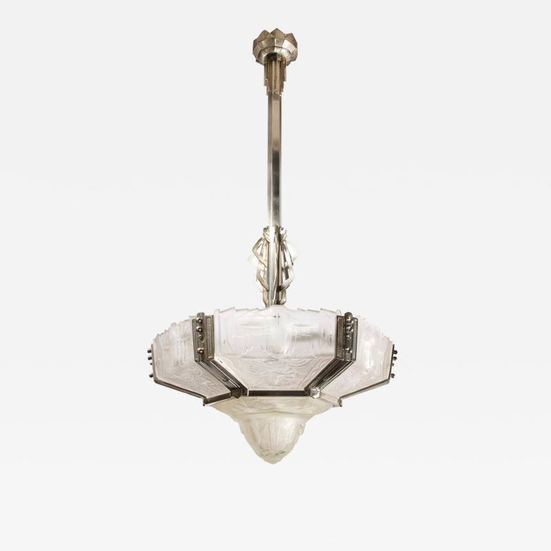  Hugue Art Deco Skyscraper Style Chandelier in Silvered Bronze Frosted Glass by Hugue