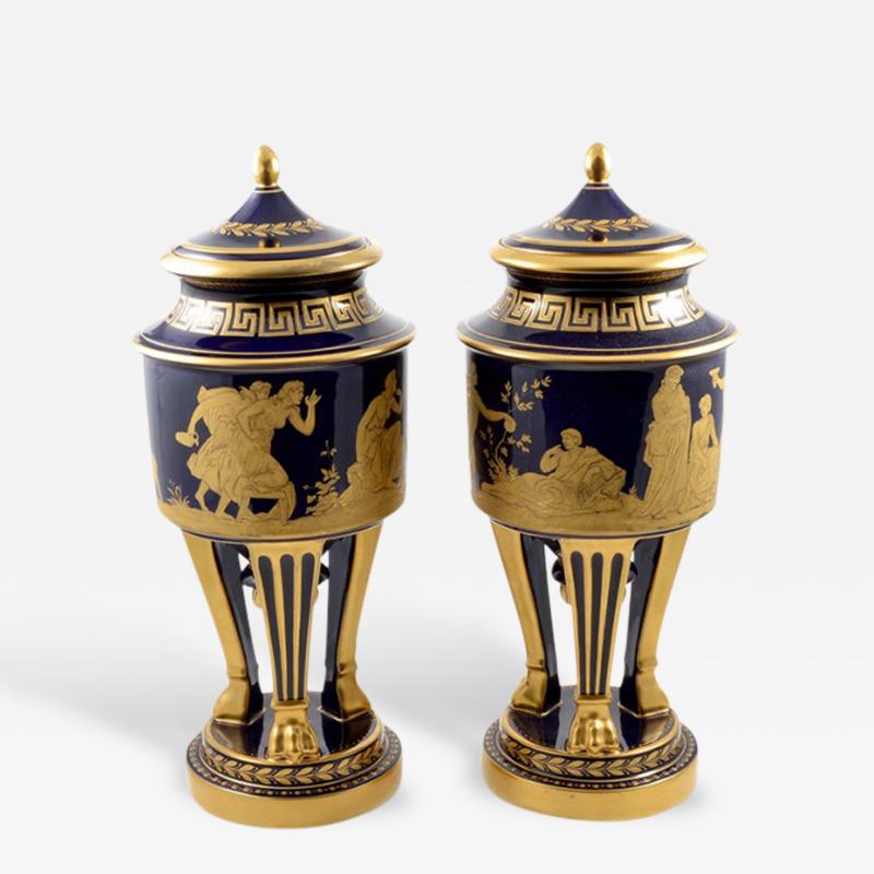  Hutschenreuther 1914s Pair of Porcelain Cobalt Blue 19 Vases with Mythological Scenes