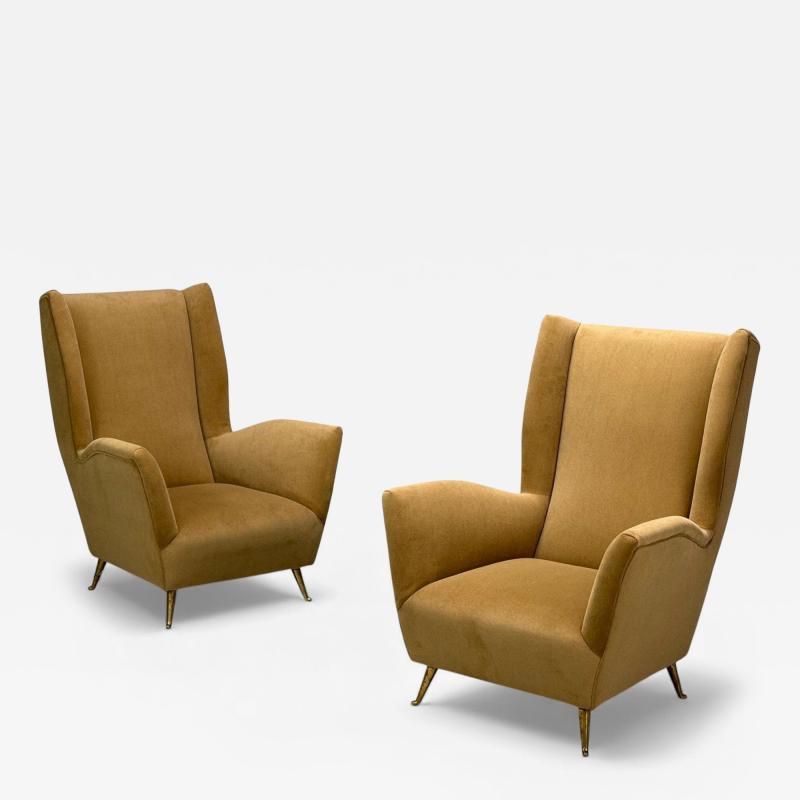  ISA Bergamo I S A Italy ISA Bergamo Camel Velvet Bronze Wingback Chairs Italy 1950s