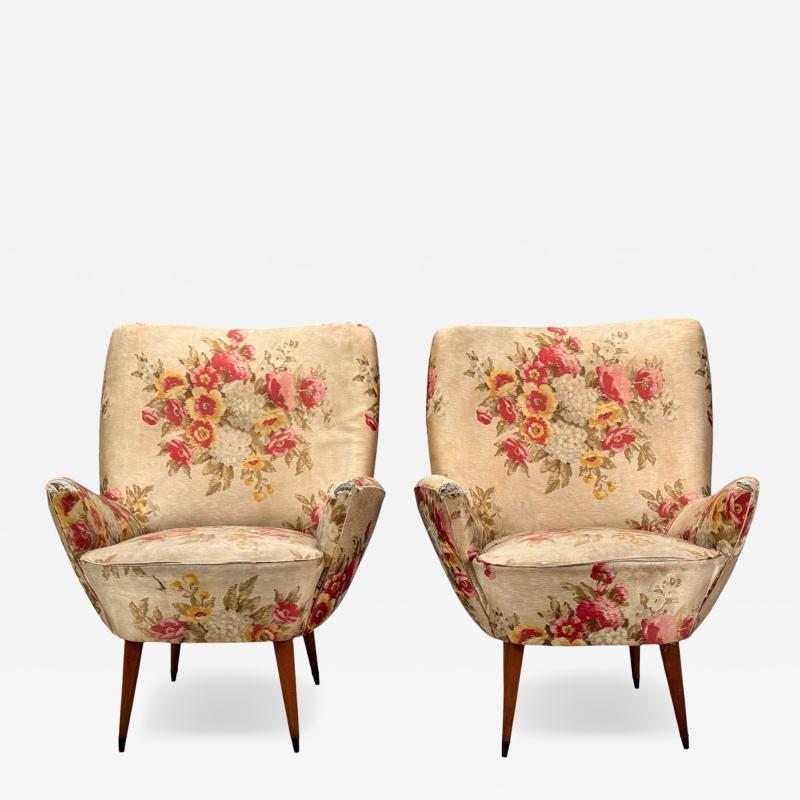  ISA Bergamo I S A Italy ISA Bergamo Fabric Wood Brass Organic Lounge Chairs Italy 1950s