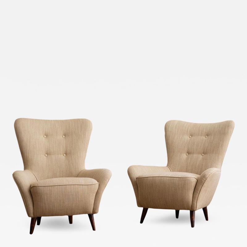  ISA Bergamo I S A Italy Petite Italian Armchairs in Linen and Leather a Pair