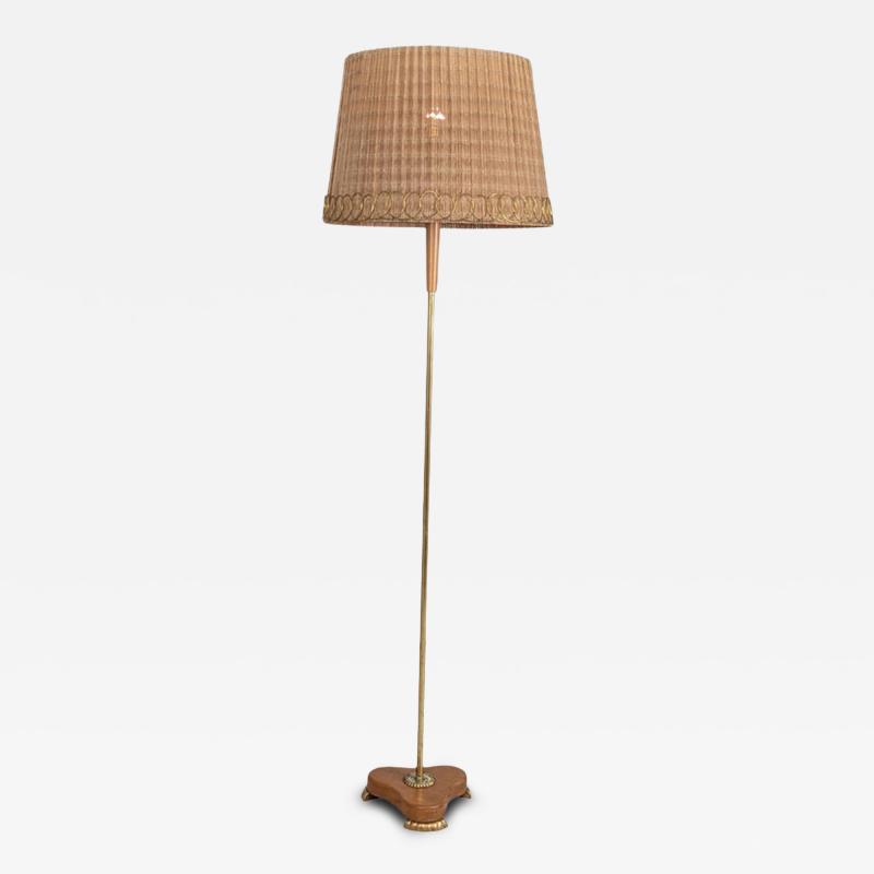  Idman Oy Finnish Modern Floor Lamp Model 224 in Elm Brass Rattan Stockmann 1950s