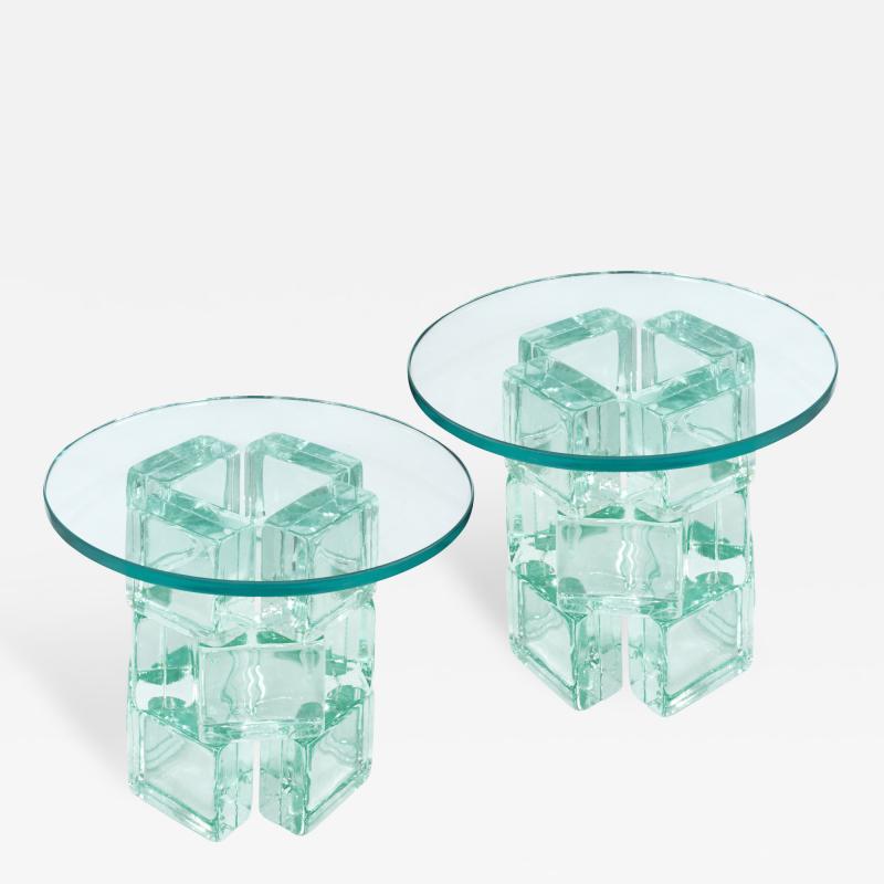  Imperial Imagineering Pair of Chic Occasional Tables with Solid Glass Blocks and Glass Tops