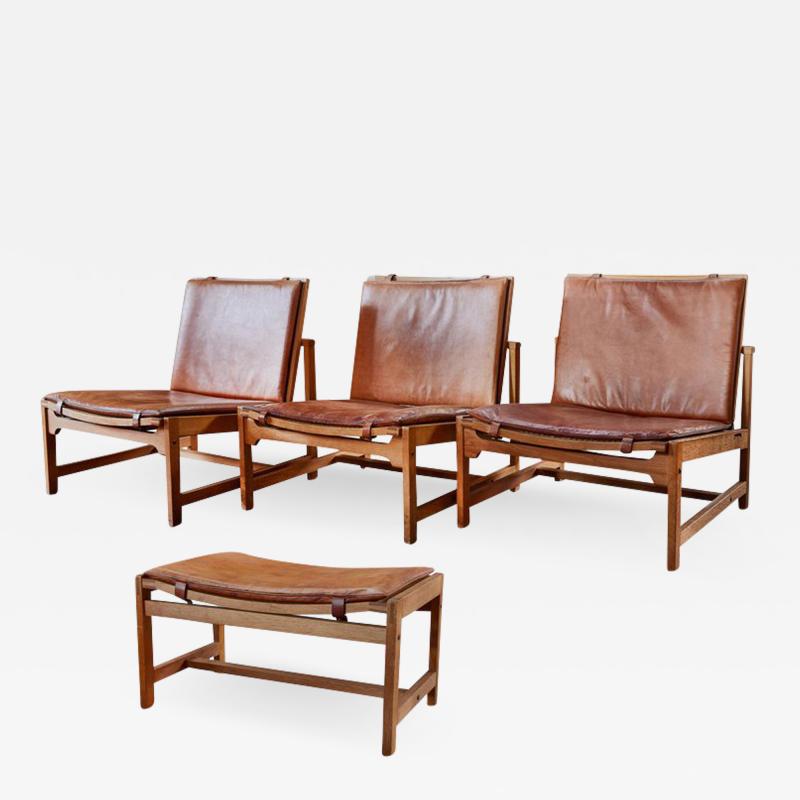  Interna Set of 3 Arne Karlsen Peter Hjort Leather Wicker Lounge Chairs with Ottoman