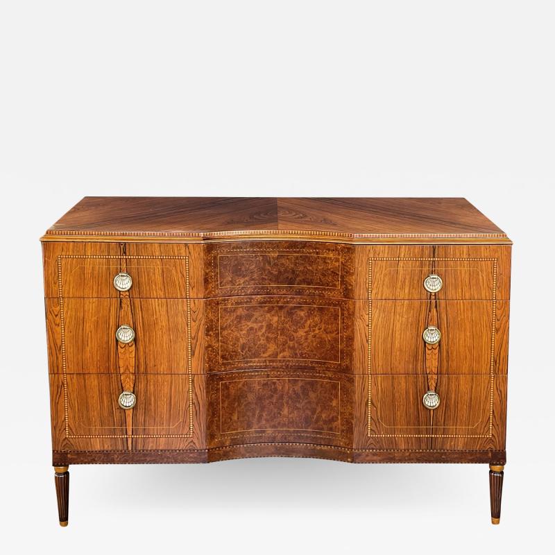  Irwin Furniture Quality art deco rosewood and burl walnut 3 drawer chest by Irwin Furniture