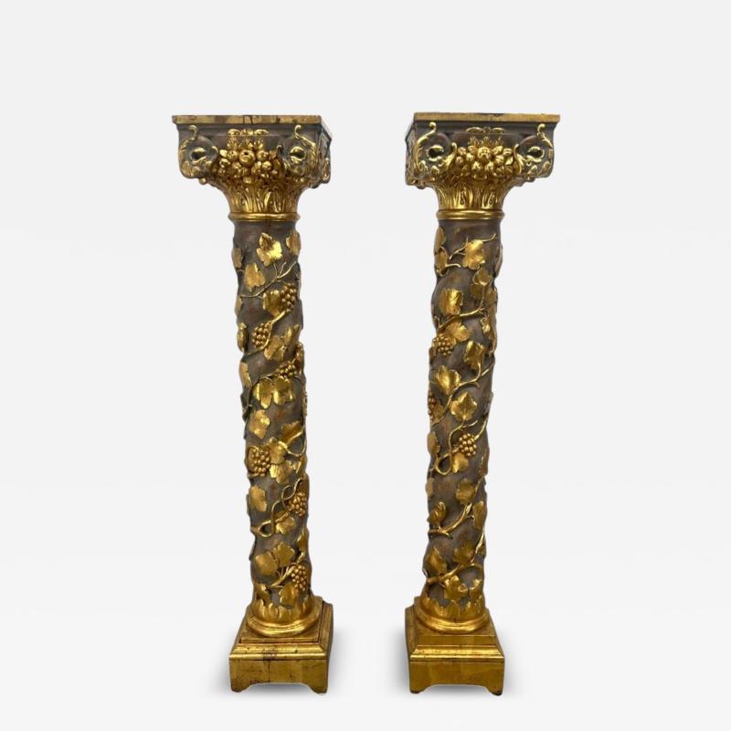  Italian Workshop EXCEPTIONAL ANTIQUE ITALIAN CARVED GILT WOOD GRAPEVINES BIRDS PEDESTAL COLUMNS
