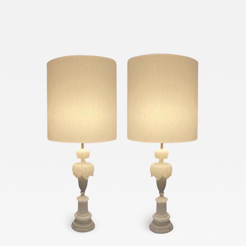  Italian Workshop Hollywood Regency Pair of Alabaster Lotus Shaped Table Lamps