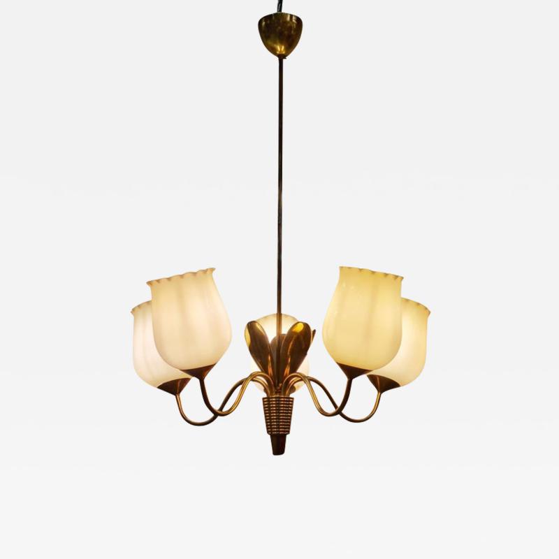  Itsu Mid Century Finnish Ceiling Lamp in Brass and Glass Attr Itsu 1950s