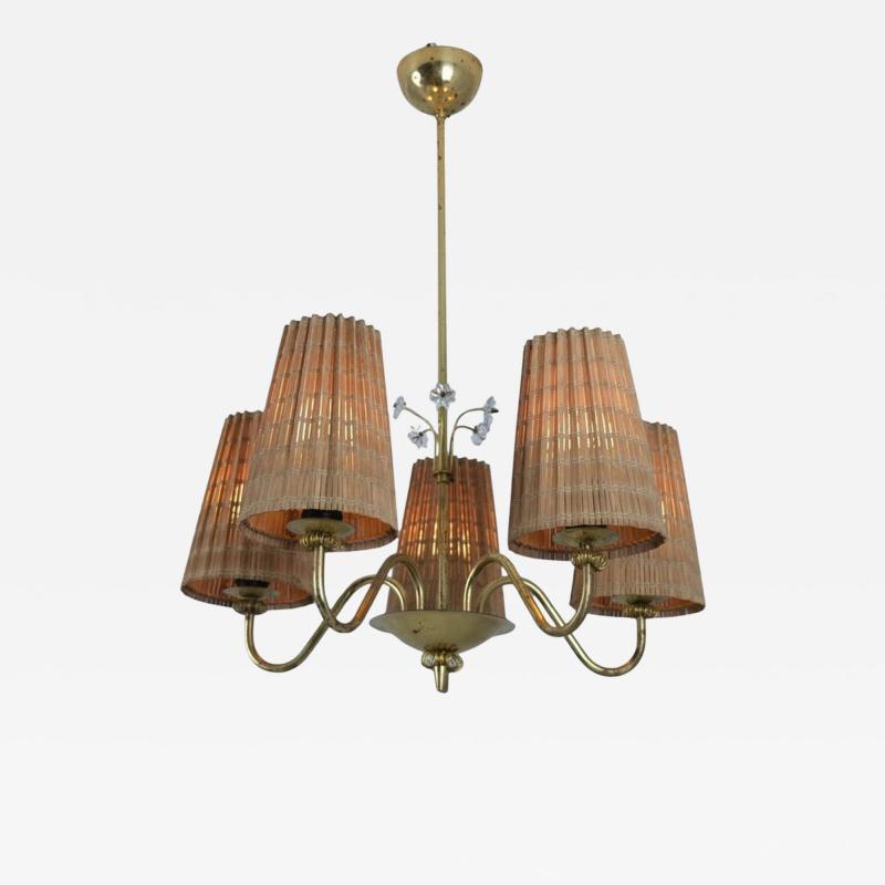  Itsu Mid Century Itsu Ceiling Lamp Model ER 5203 5 in Brass Rattan Finland 1950s