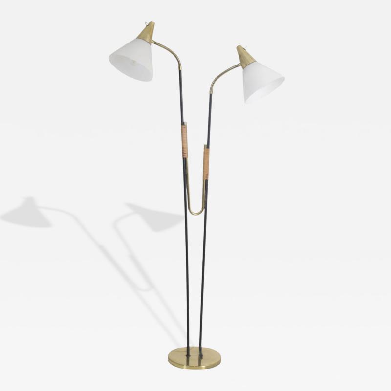  Itsu Mid Century Modern Floor Lamp Model EN 31 Brass Leather Glass Itsu 1950s