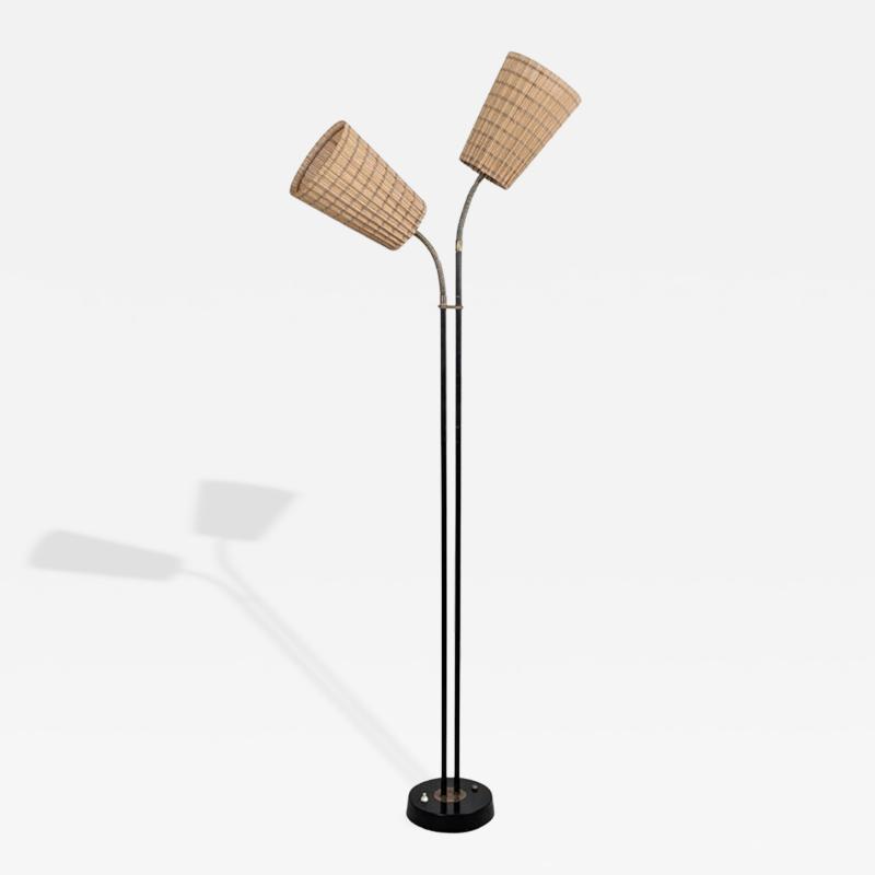  Itsu Mid Century Modern Floor Lamp in Black Brass Rattan Finland 1960s