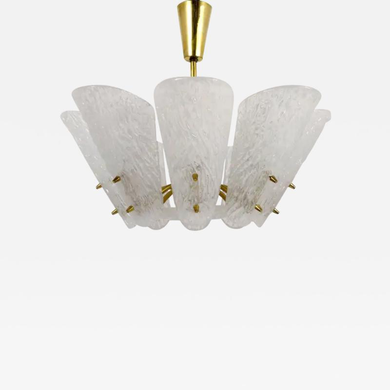  J T Kalmar Kalmar Lighting J T Kalmar Midcentury Brass Chandelier White Textured Glass 1950s