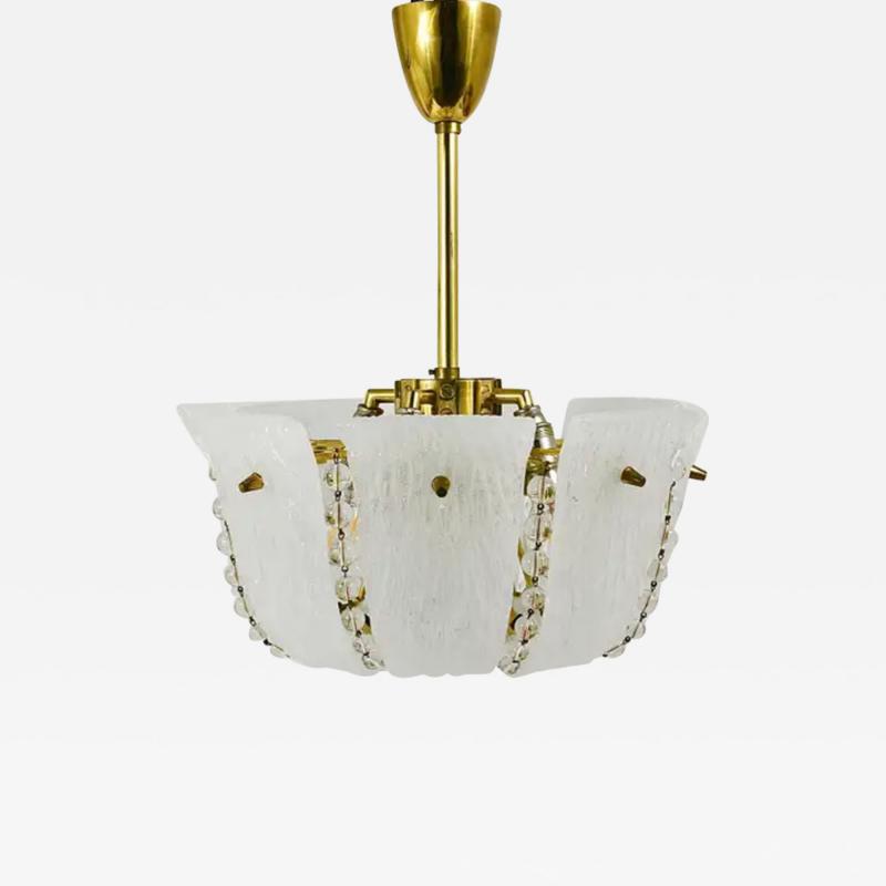  J T Kalmar Kalmar Lighting J T Kalmar Petite Curved Basket Chandelier Brass Glass Austria 1950s