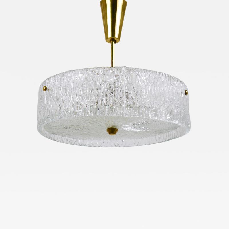  J T Kalmar Kalmar Lighting J T Kalmar Round Textured Glass Ring Brass Chandelier Pendant Lamp 1950s