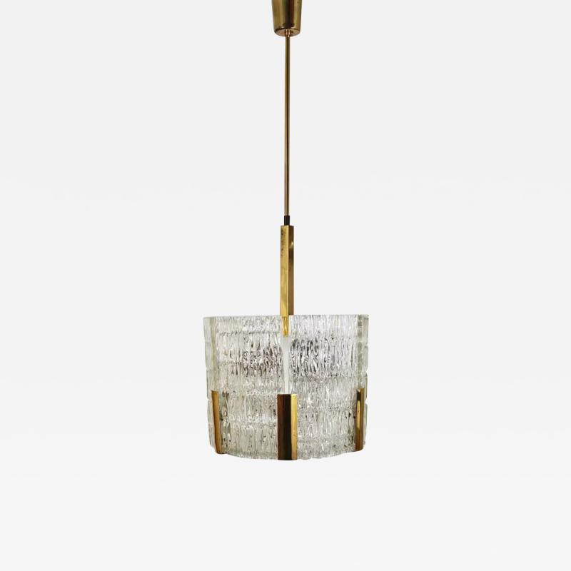  J T Kalmar Kalmar Lighting Kalmar Tambour Drum Chandelier Brass Textured Ice Glass Austria 1960s