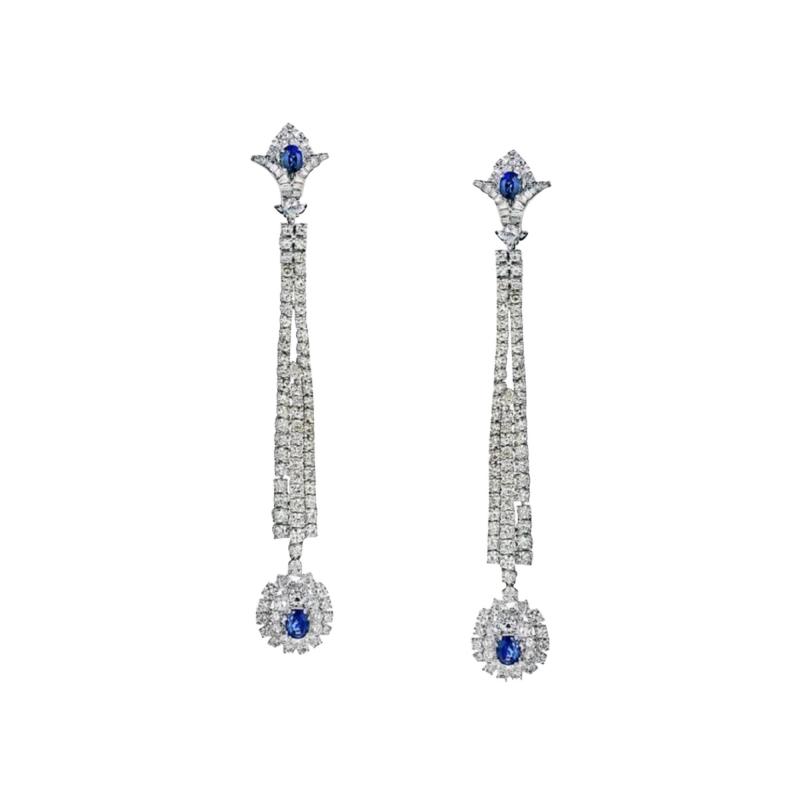  JAHAN JAHAN 18K WHITE GOLD DIAMOND AND SAPPHIRE LONG DANGLE EARRINGS