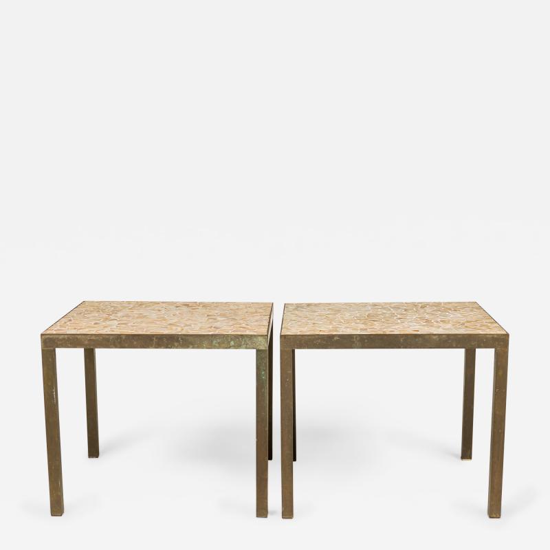  Jack Stewart Jack Stewart AmericanBeige Mosaic Tile and Brass Frame Square End Side Tables