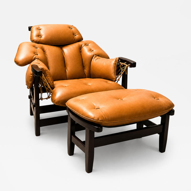  Jangada Lounge Chair Ottoman in Wood Leather by Jean Gillon 1970s