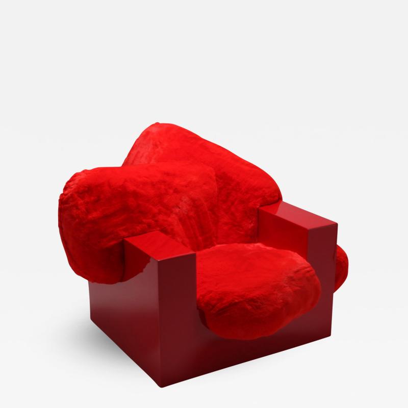  Janne Schimmel Moreno Schweikle Pillow Lounge Chair in Red Lacquer and Faux Fur by Schimmel Schweikle 2019