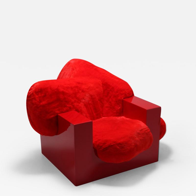  Janne Schimmel Moreno Schweikle Pillow Lounge Chair in Red Lacquer and Faux Fur by Schimmel Schweikle 2019