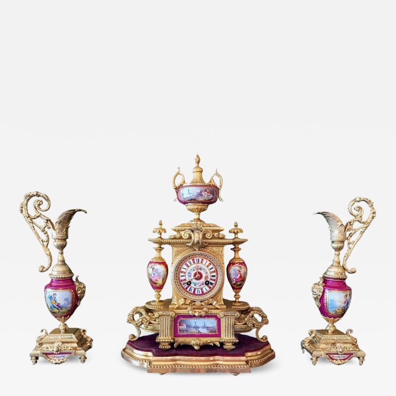  Japy Freres French 19C Japy Freres Red Sevres Porcelain Mantle Clock with Garniture Set