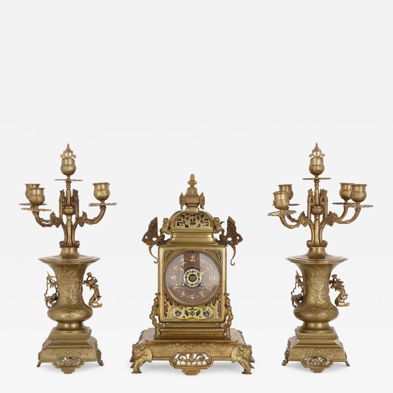  Japy Freres Japanese style gilt bronze and enamel clock set