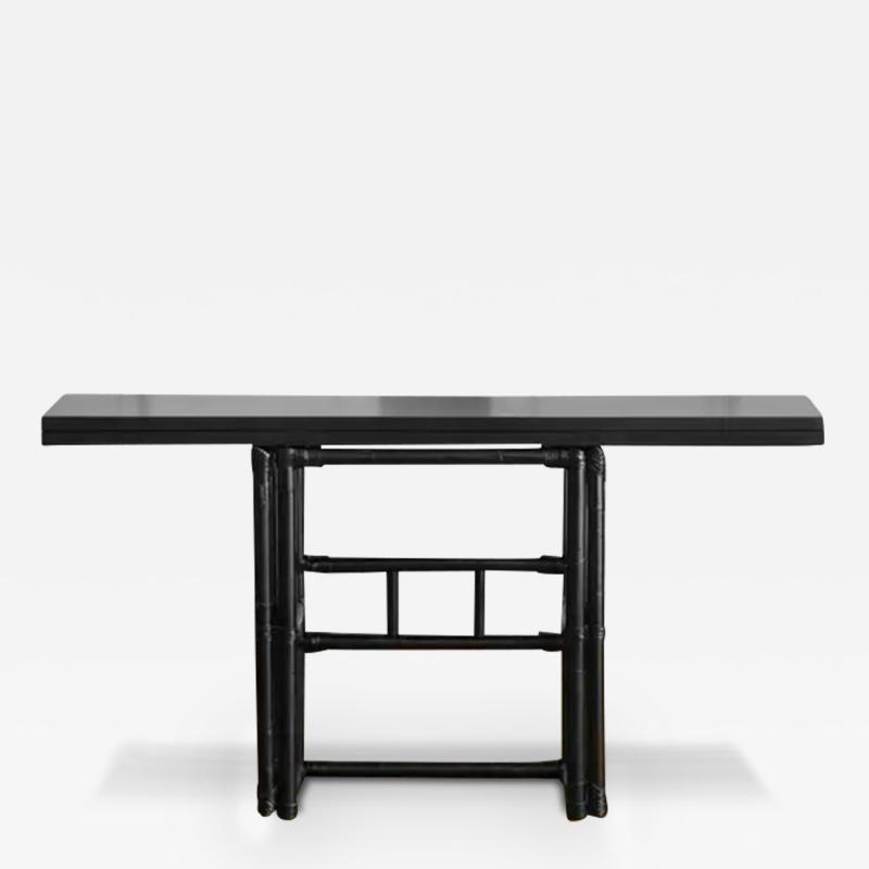  John Elinor McGuire Mcguire 70s console with opening shelf in black lacquered rattan