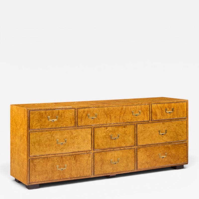  John Widdicomb Co Widdicomb Furniture Co John Widdicomb Campaign Mid Century Burlwood and Brass Lowboy Dresser
