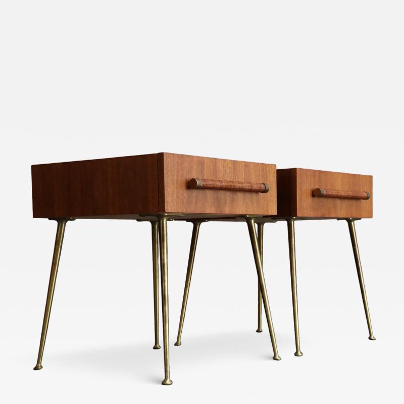  John Widdicomb Co Widdicomb Furniture Co Pair of Walnut and Brass Single Drawer Nightstands by T H Robsjohn Gibbings