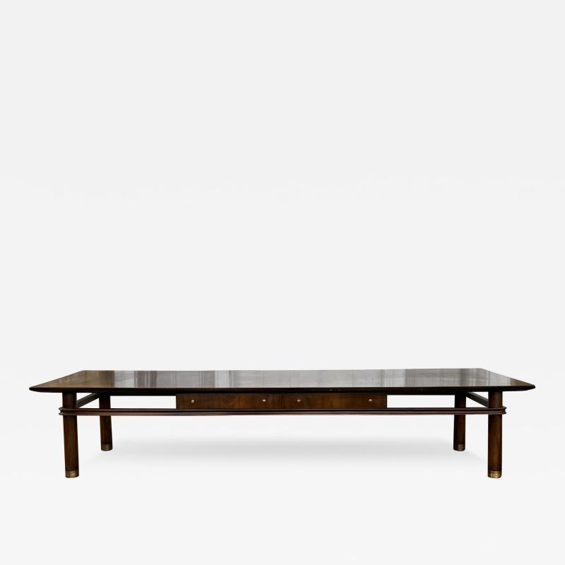  Johnson Furniture MID CENTURY WALNUT COFFEE TABLE WITH DUAL DRAWERS AND BRASS ACCENTS