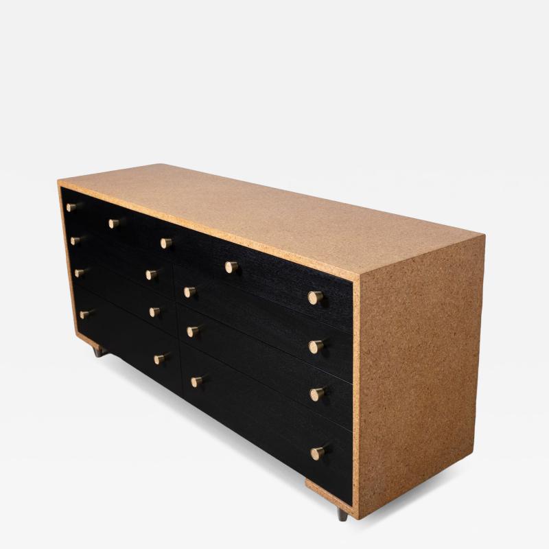  Johnson Furniture Paul Frankl Cork Black Lacquer 9 Drawer Dresser with Brass Hardware 1950s