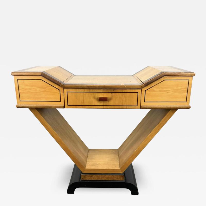  Johnson Furniture UNUSUAL INLAID MAHOGANY ART DECO VANITY WITH BAKELITE HANDLE