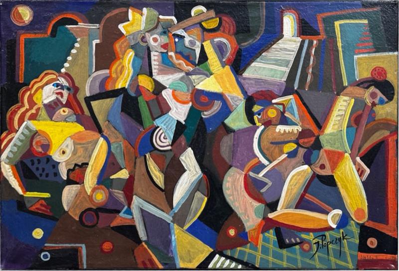  Jozef Popczyk Jozef Popczyk Cubist Art Deco Painting Female Forms of Geometric Shapes