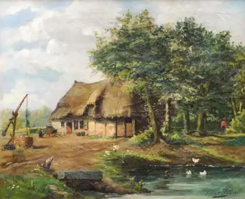  Julien T Felt Belgian Julien Tfelt 1890s Gilt Framed Oil Painting Depicting a Farmyard Scene